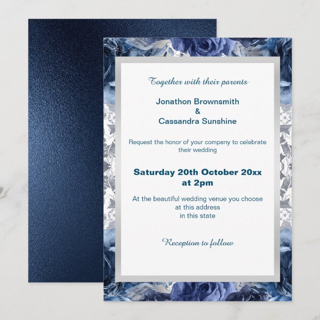 INVITACIÓN ELEGANTE BODA DE GUARNECIDO DE PLATA AZUL DE FLORE (Anverso / Reverso)