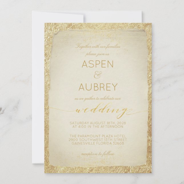 Invitación Elegante Boda de guión antiguo de hoja de oro (Anverso)