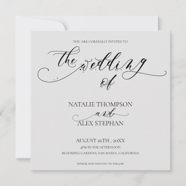 Invitación Elegante Boda De Guión Blanco Y Negro Whimsical (Anverso)