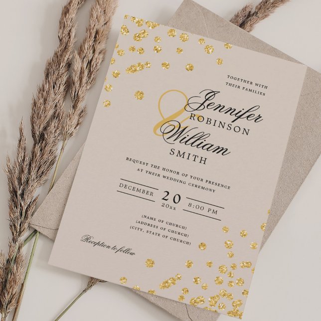 Invitación Elegante Boda de guión Confetti de oro Champagne (Elegant Script Wedding Gold Confetti Champagne Invitation)