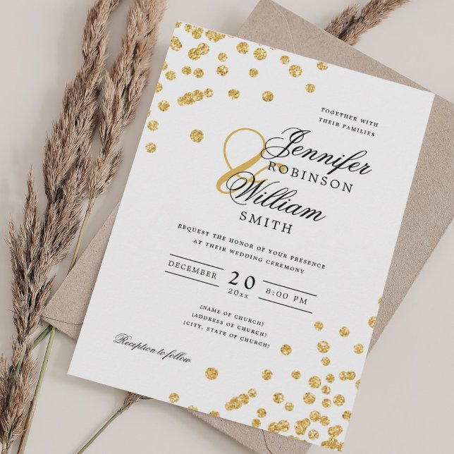 Invitación Elegante Boda de guión Confetti de oro QR RSVP (Elegant Script Wedding Gold Confetti QR RSVP Invitation)