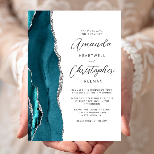 Invitación Elegante Boda de guión de ágata plateado Verde azu (Subido por el creador)
