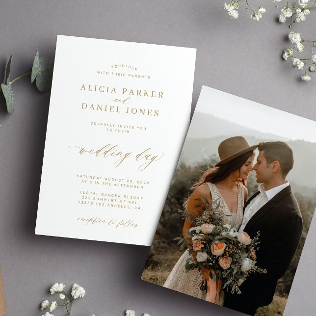 Invitación Elegante boda de guión de caligrafía de oro de fot (Subido por el creador)