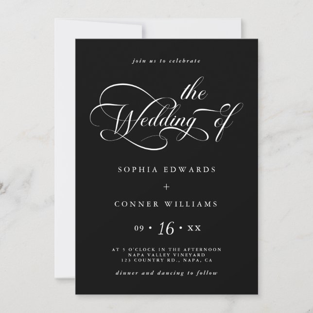 Invitación Elegante Boda de guión de caracteres negro (Anverso)