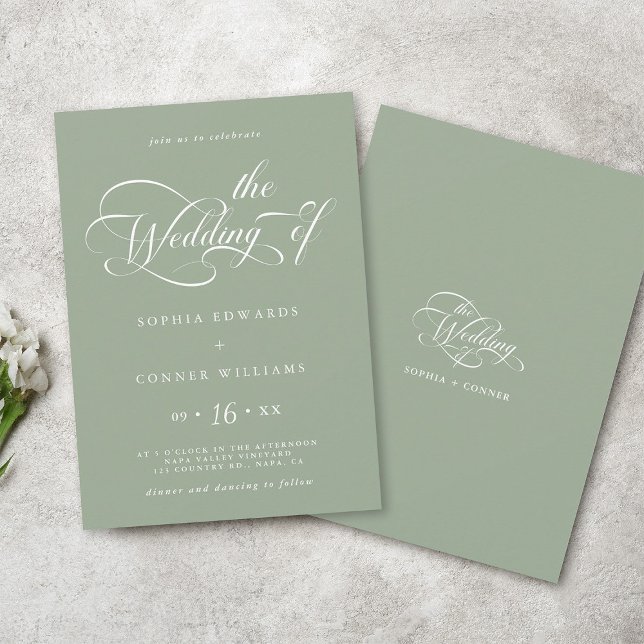 Invitación Elegante Boda de guión de caracteres Sage Green (Front & Back)