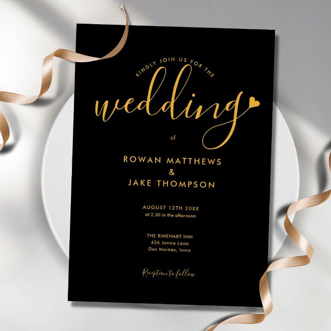 Invitación Elegante Boda De Guión De Corazón Negro Y Oro (Subido por el creador)