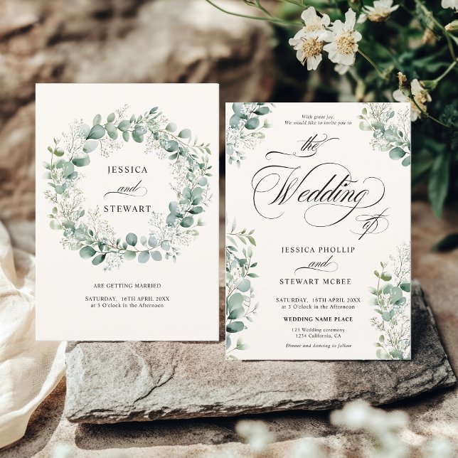 Invitación Elegante Boda de guión de eucalipto de aliento ver (Elegant Breath Eucalyptus Greenery Script Wedding Invitation)