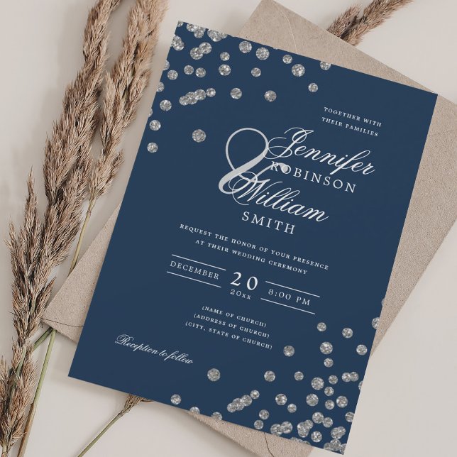Invitación Elegante Boda de guión de la marina Silver Confett (Elegant Script Wedding Silver Confetti QR Navy Invitation)