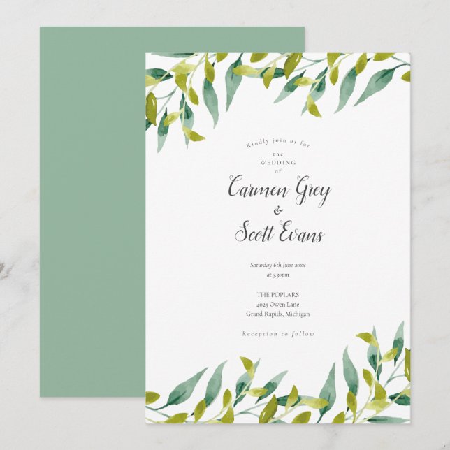 Invitación Elegante Boda de guión de Moda de vegetación moder (Anverso / Reverso)