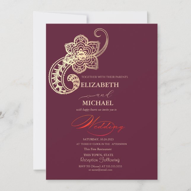 Invitación Elegante Boda de guión de Moda Gold Paisley (Anverso)