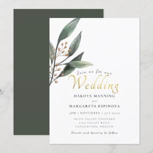 Invitación Elegante boda de guión de oro de hoja verde