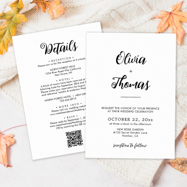 Invitación Elegante Boda de guión Detalles del código Qr y (Subido por el creador)