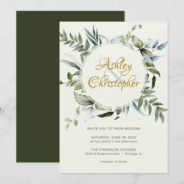 Invitación Elegante Boda de guión moderno de vegetación (Anverso / Reverso)