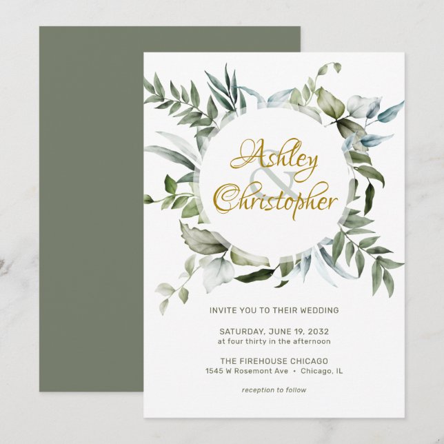 Invitación Elegante Boda de guión moderno de vegetación (Anverso / Reverso)
