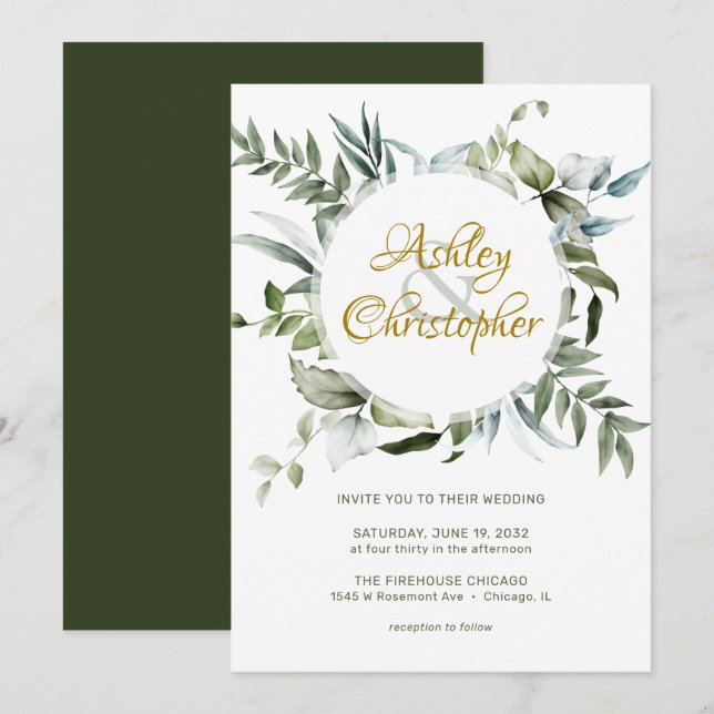Invitación Elegante Boda de guión moderno de vegetación (Anverso / Reverso)