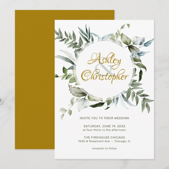 Invitación Elegante Boda de guión moderno de vegetación (Anverso / Reverso)