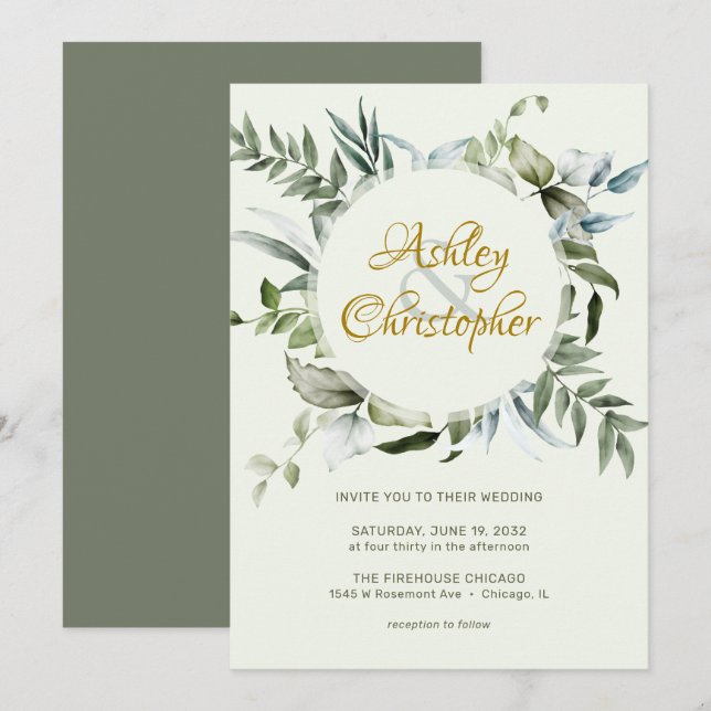 Invitación Elegante Boda de guión moderno de vegetación (Anverso / Reverso)