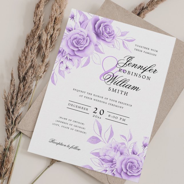 Invitación Elegante Boda de guión Morado Floral con QR RSVP (Elegant Script Wedding Purple Floral w/ QR RSVP Invitation)