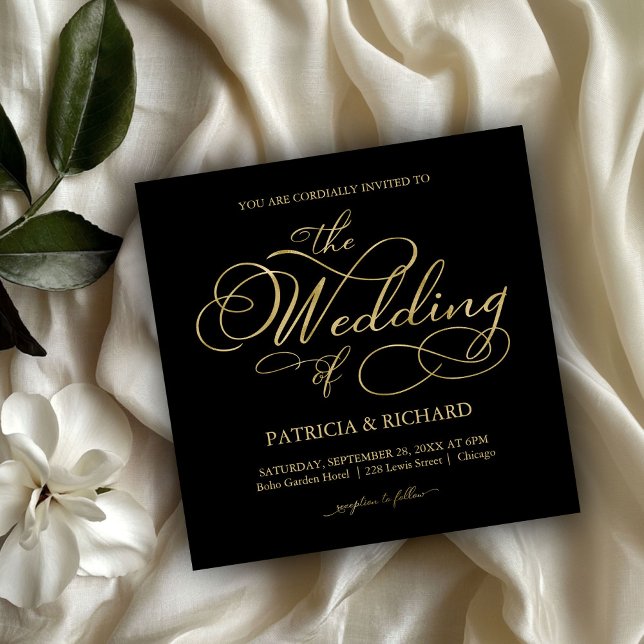 Invitación Elegante Boda De Guión Negro Y Relieve metalizado  (Subido por el creador)