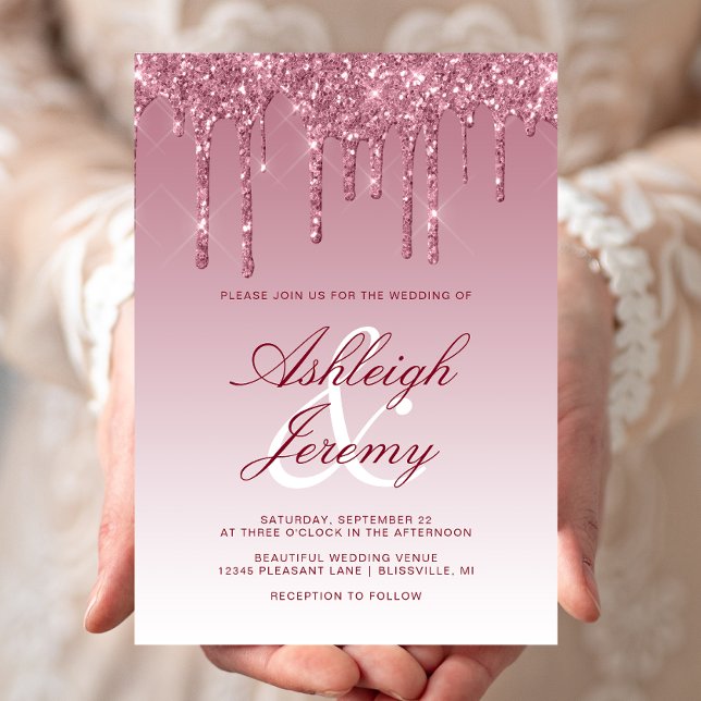 Invitación Elegante Boda de guión Purpurina de Borgoña (Subido por el creador)