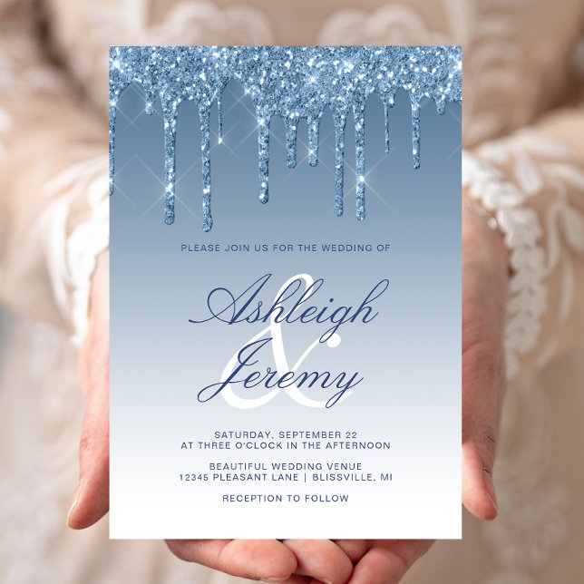 Invitación Elegante Boda de guión Purpurina de goteo azul (Subido por el creador)
