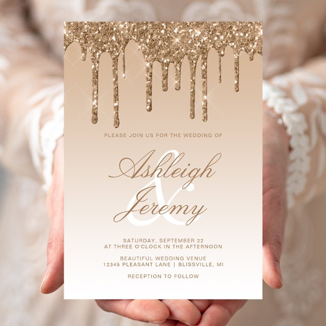 Invitación Elegante Boda de guión Purpurina de goteo de oro (Subido por el creador)