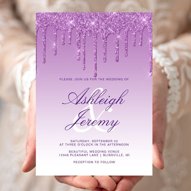 Invitación Elegante Boda de guión Purpurina de goteo púrpura (Subido por el creador)