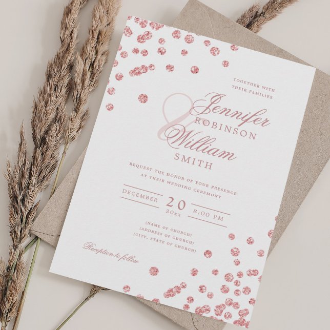 Invitación Elegante Boda de guión Rosa Confetti de oro QR RSV (Elegant Script Wedding Rose Gold Confetti QR RSVP Invitation)