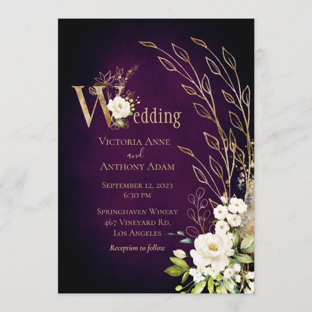 Invitación Elegante Boda de guión rústico con flores moradas (Anverso)