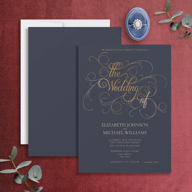 Invitación Elegante Boda de guiones azul y oro de la Marina (Subido por el creador)