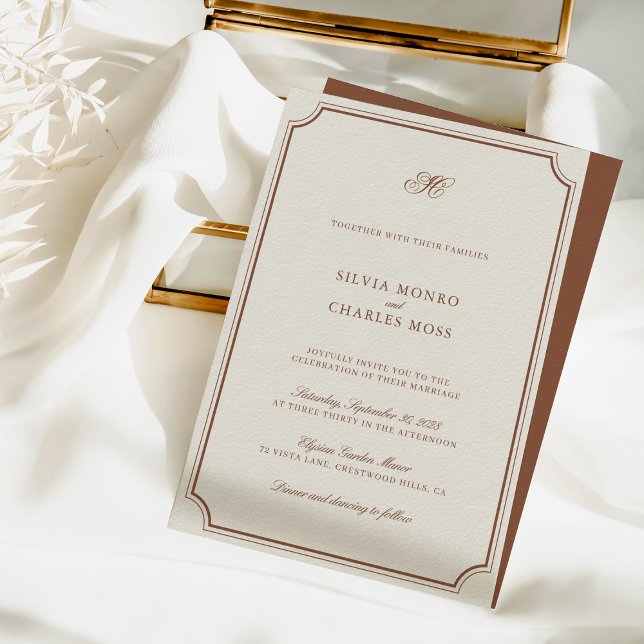 Invitación Elegante Boda de guiones clásicos de Brown & Ecru (Elegant Brown & Ecru Classic Script Wedding Invitation)