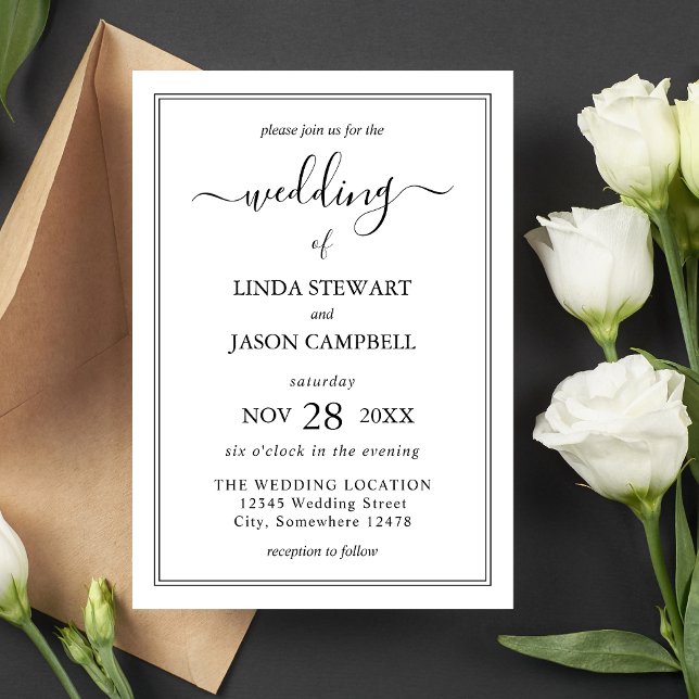 Invitación Elegante Boda de guiones clásicos en blanco y negr (Subido por el creador)