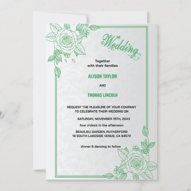 Invitación Elegante Boda de guiones clásicos verde y gris (Anverso)