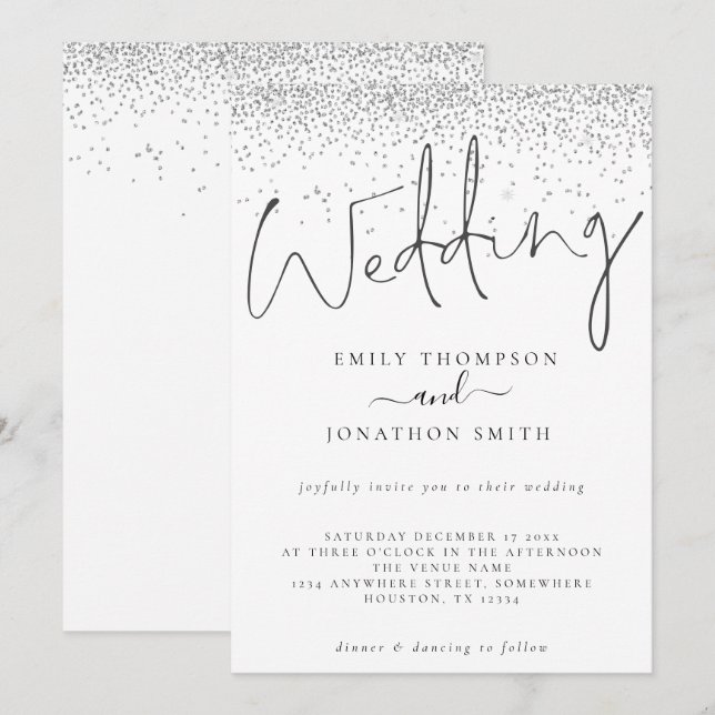 Invitación Elegante Boda de guiones de borde Purpurina platea (Anverso / Reverso)