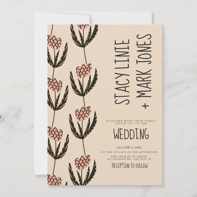 Invitación Elegante Boda de guiones de estilo floral dibujado (Anverso)