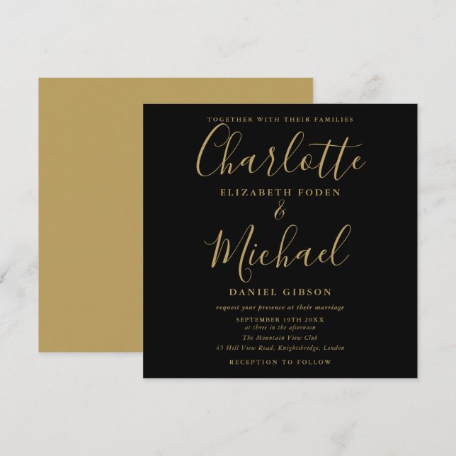 Invitación Elegante Boda De Guiones De Firma En Negro Y Oro (Anverso / Reverso)