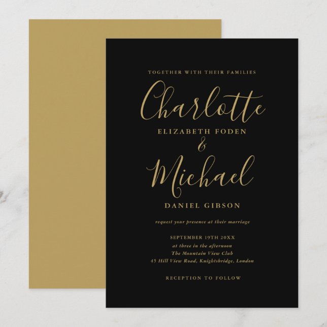 Invitación Elegante Boda De Guiones De Firma En Negro Y Oro (Anverso / Reverso)