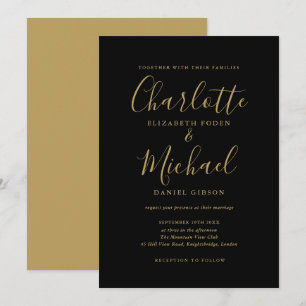 Invitación Elegante Boda De Guiones De Firma En Negro Y Oro
