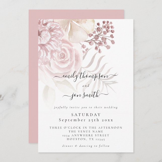 Invitación Elegante Boda de guiones de flores rosadas (Anverso / Reverso)