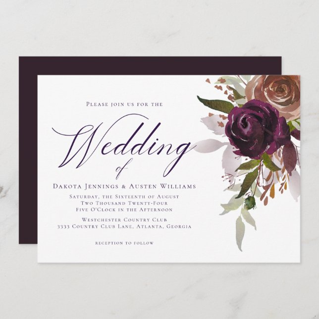Invitación Elegante Boda de guiones de Moda floral de ciruela (Anverso / Reverso)