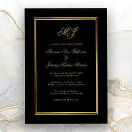 Invitación Elegante Boda de guiones de Monograma de Oro Negro