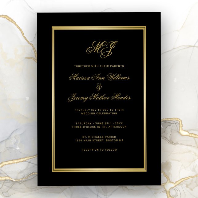 Invitación Elegante Boda de guiones de Monograma de Oro Negro (Elegant Black and gold wedding invitation.)