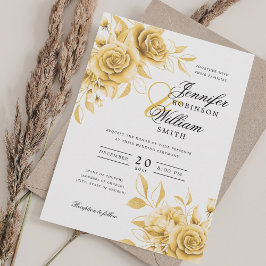 Invitación Elegante Boda de guiones Gold Floral con QR RSVP