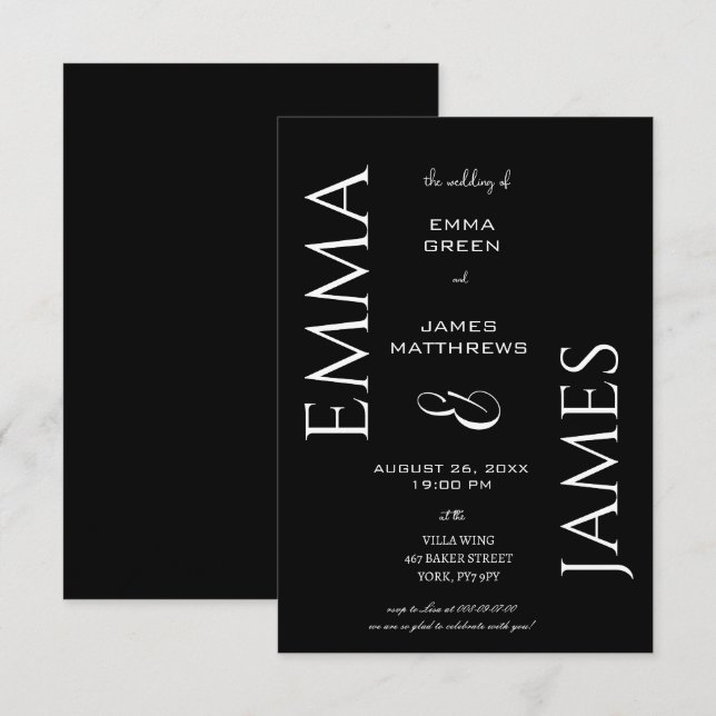 Invitación Elegante Boda de guiones negrita de letra en blanc (Anverso / Reverso)