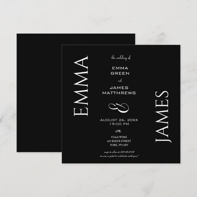Invitación Elegante Boda de guiones negrita negro y blanco (Anverso / Reverso)