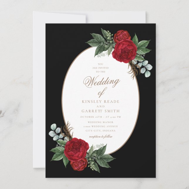 Invitación Elegante Boda de Guiones Rojos con Guión Dorado (Anverso)