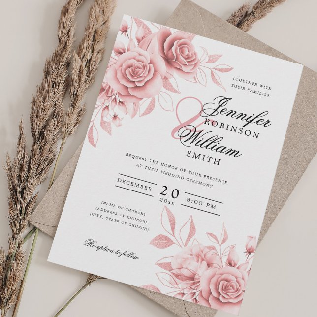 Invitación Elegante Boda de guiones Rubor Floral con QR RSVP (Elegant Script Wedding Blush Floral w/ QR RSVP Invitation)