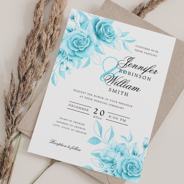 Invitación Elegante Boda de guiones Turquoise Floral con QR R (Elegant Script Wedding Turquoise Floral w/ QR RSVP Invitation)