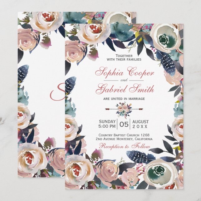 Invitación Elegante Boda de guirnalda azul rosa y turbio (Anverso / Reverso)