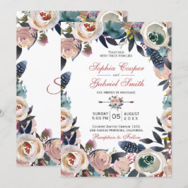 Invitación Elegante Boda de guirnalda azul rosa y turbio